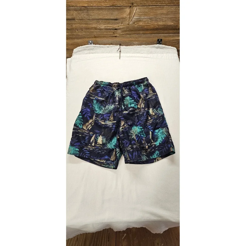 Covington Mens Tropical Sailboat Print Swim Trunks Navy Teal Size Medium 32-34